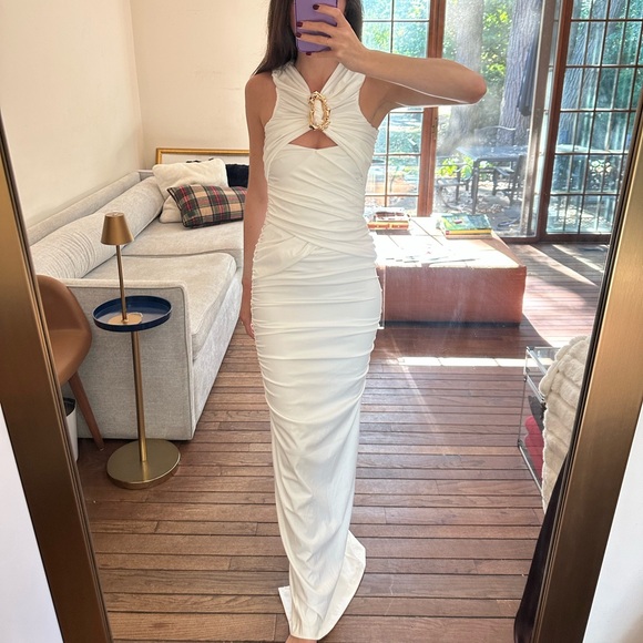 Capucine White Ruched Maxi Dress Gown Miss Rosier XS Cream Ivory Goddess Bride - Picture 10 of 15